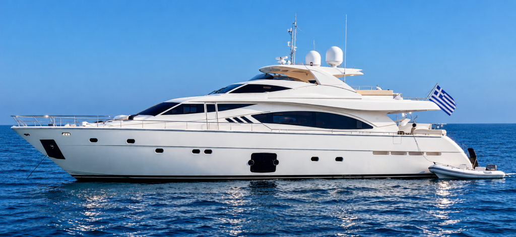 Luxury Yacht At Sea With Greek Flag